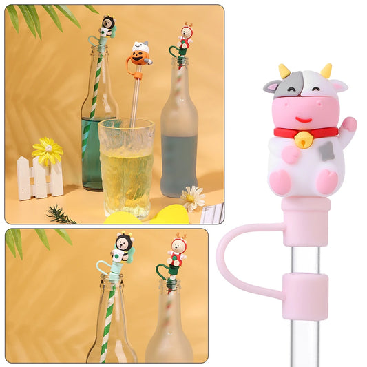 Reusable Silicone Straw Stopper Dust Cap Glass Cup Accessories Cartoon Stopper Cover Kitchen Drink Cleaner Creative