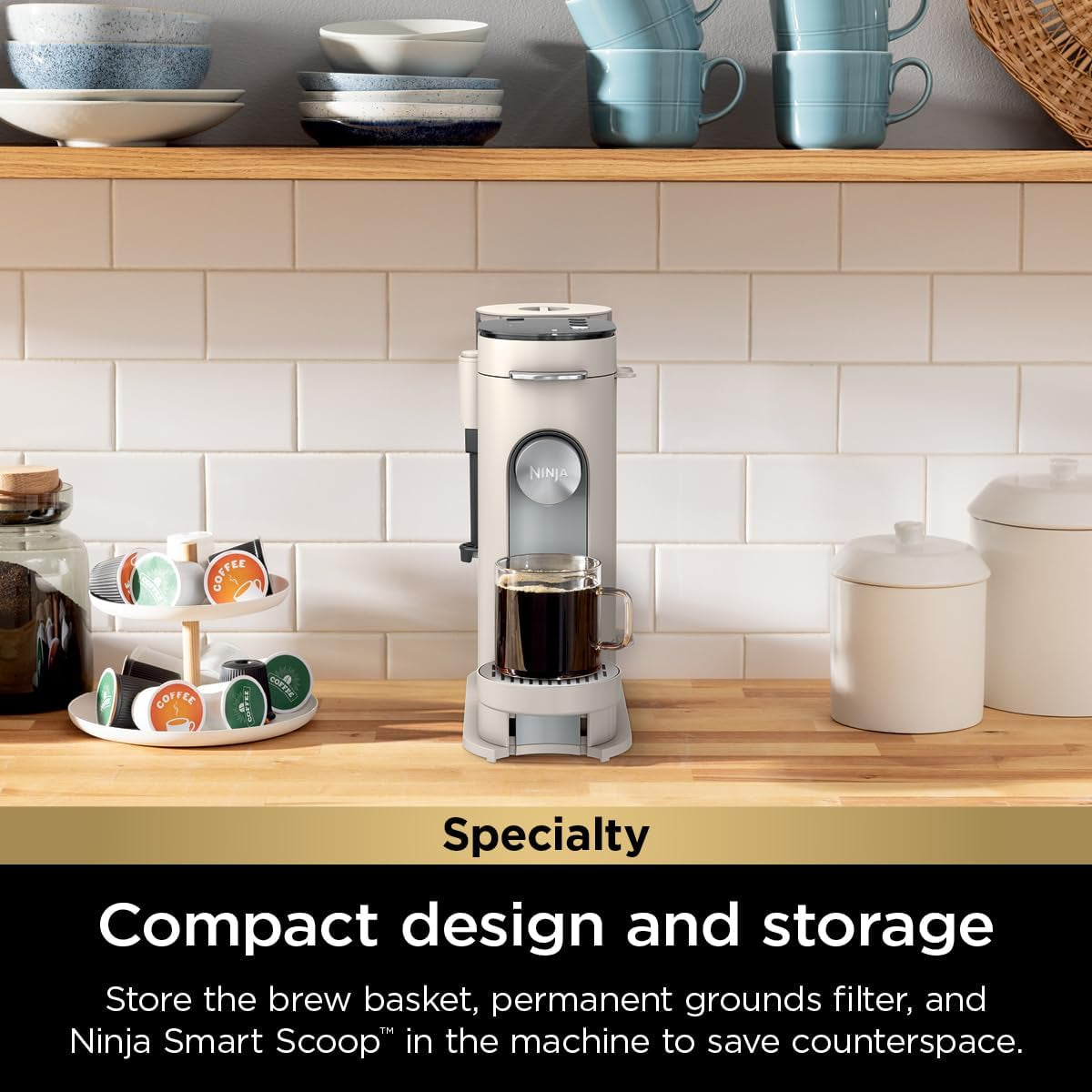 Pod & Grounds Specialty XL Single-Serve Coffee Maker, K-Cup Pod Compatible, Brews Grounds, Compact Design, Built-In Milk Frother, 68-Oz. Reservoir, 6-Oz. Cup to 24-Oz. Mug Sizes, Stone, PB055AST