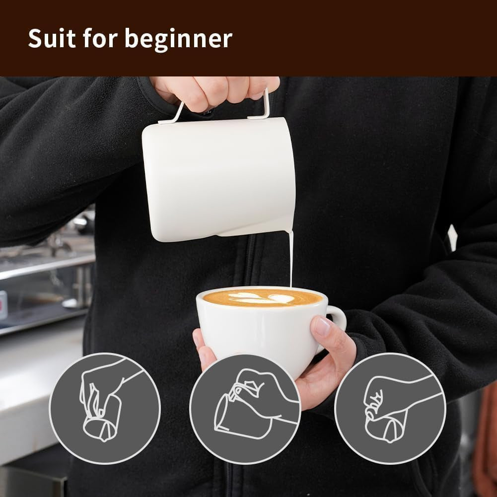 Stainless Steel Milk Frothing Pitcher 12Oz/350Ml - Espresso Steaming Pitcher for Cappuccino, Latte Art, Coffee Machine Accessories Milk Jug Coffee Frother Cup, Creamy White