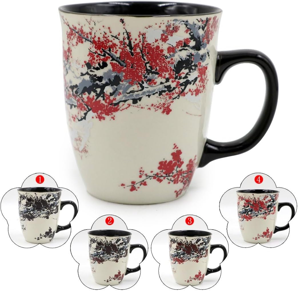 Color Changing Heat Sensitive Magic Funny Art Mug Large Coffee Tea Plum Blossom Porcelain Mugs for Women Mom Grandma Gifts 16Oz Black Change Glow Red Cups
