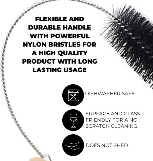 10" Long Professional Tube Cleaning Brush Set, Large Sizes Black, 5 Pc. Kit, Heavy Duty Deep Cleaning Brushes with Flexible Handles for Bottles, Straws, Pipes, Keyboards, Glass, Guns, and Detailing