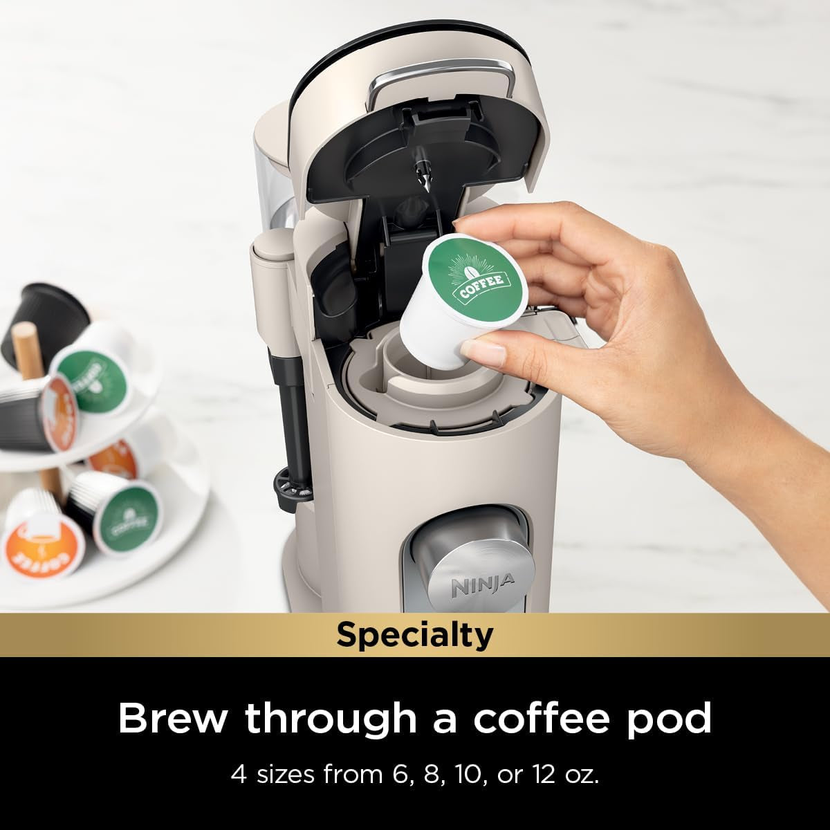 Pod & Grounds Specialty XL Single-Serve Coffee Maker, K-Cup Pod Compatible, Brews Grounds, Compact Design, Built-In Milk Frother, 68-Oz. Reservoir, 6-Oz. Cup to 24-Oz. Mug Sizes, Stone, PB055AST