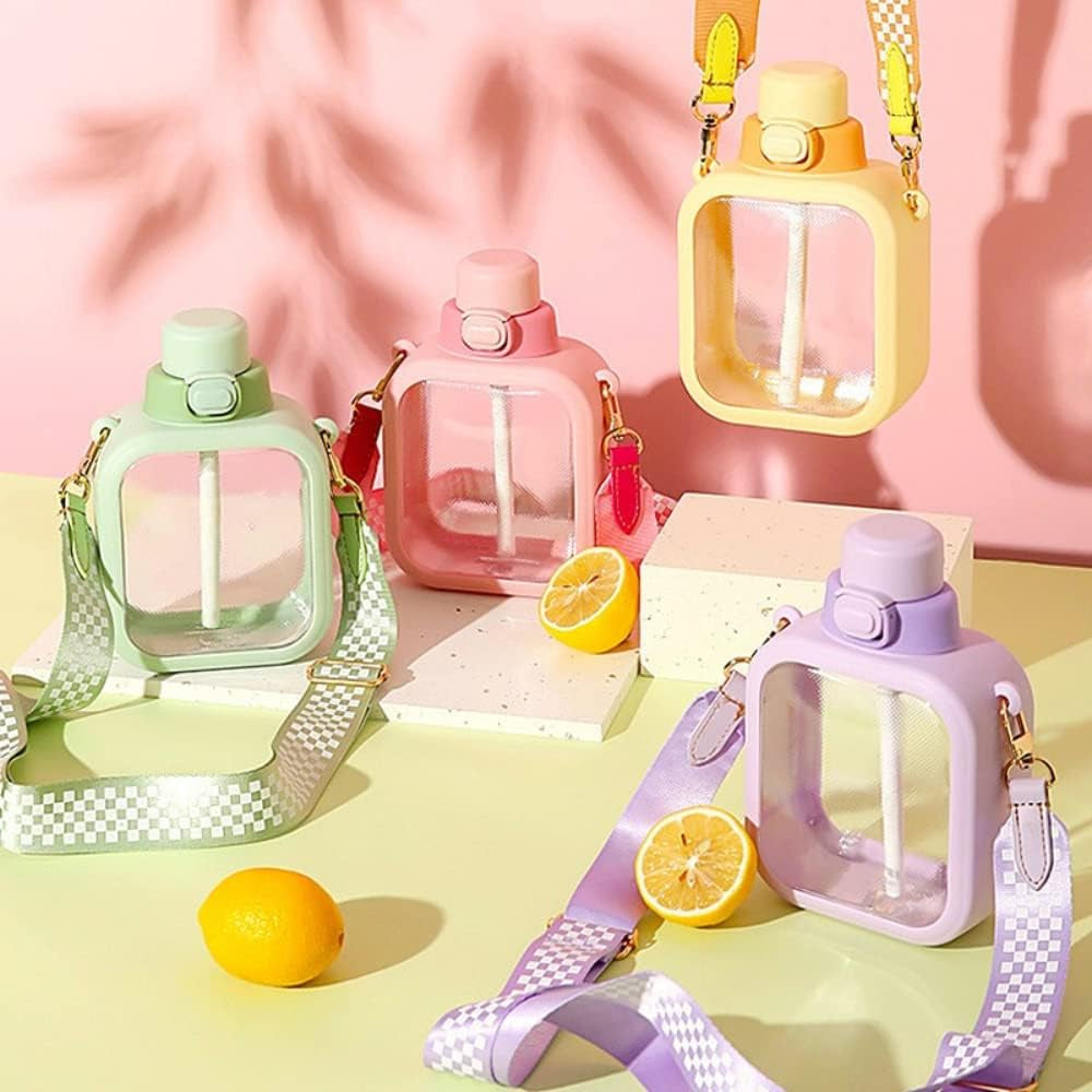 24 Oz Square Transparent Water Bottle, Cute Portable Travel Canteen with Adjustable Strap 700Ml (Orange)