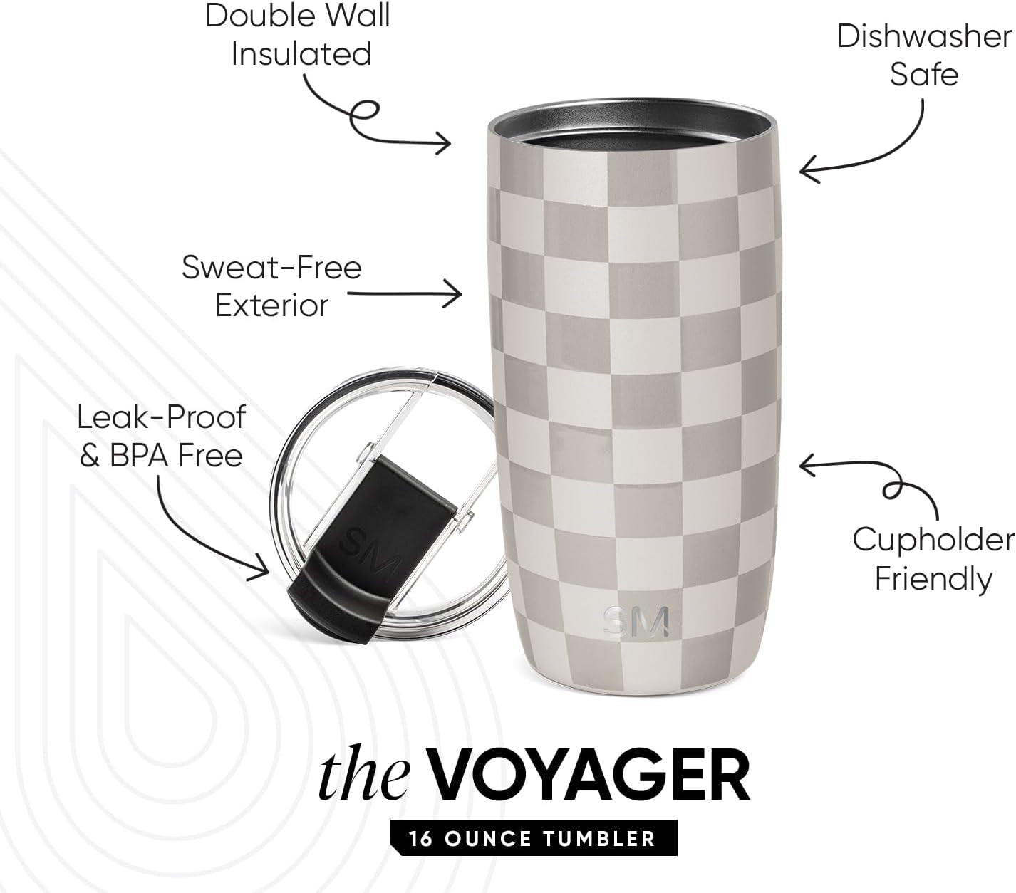 Travel Coffee Mug Tumbler with Flip Lid | Reusable Insulated Stainless Steel Cold Brew Iced Coffee Cup Thermos | Gifts for Women Men Him Her | Voyager Collection | 16Oz | Checkmate