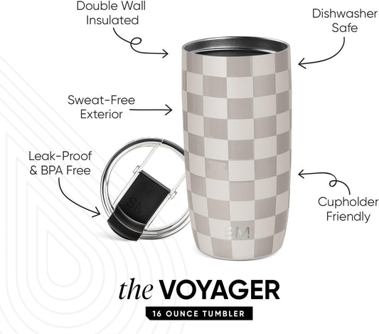 Travel Coffee Mug Tumbler with Flip Lid | Reusable Insulated Stainless Steel Cold Brew Iced Coffee Cup Thermos | Gifts for Women Men Him Her | Voyager Collection | 16Oz | Checkmate