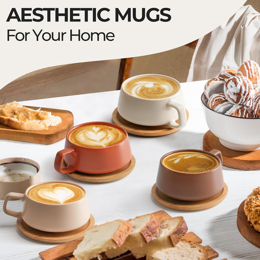 – 11 Oz., Set of 4 Ceramic Tea Cup and Saucer Bamboo/Tea Mug - Wide Cappuccino Cup, Coffee Cups Ceramic Mug for Cappuccino, Latte, Espresso & Americano - Luxe Collection (Beige Pastel)