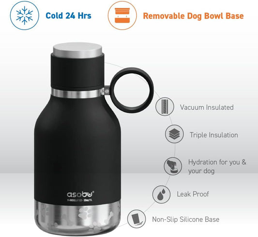Dog Bowl Attached to Stainless Steel Insulated Travel Bottle for Human 33 Ounce (Black)