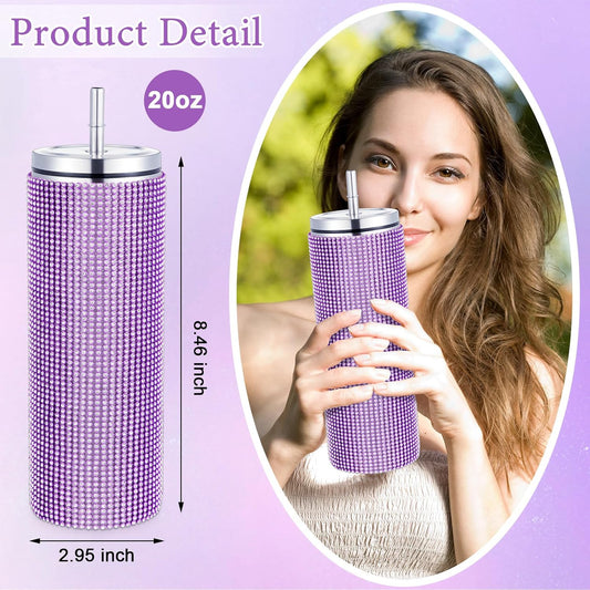 3 Pcs Bling Water Bottle Rhinestone Stainless Steel Bling Cup Stemless Glitter Tumbler Insulated Rhinestone Tumbler with Chain, Lid and Straw for Women Coffee Martini Wine Cups (Purple)