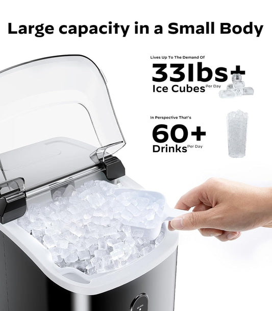 Nugget Ice Maker Countertop,  Chewable Pellet Ice Machine with Self-Cleanin Function, 33Lbs/24H Portable Ice Makers for Home Kitchen Officce, Black