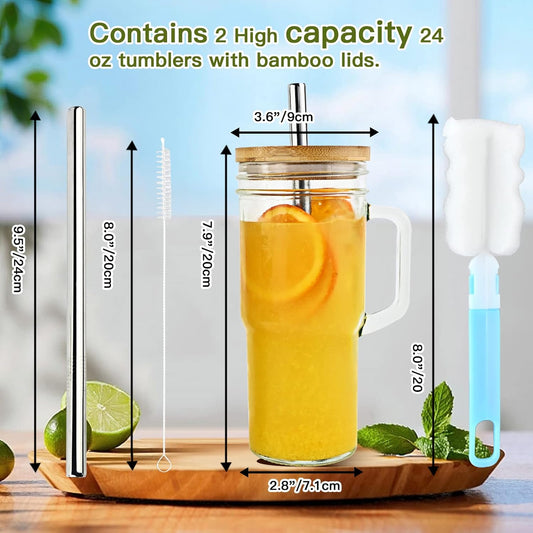Glass Cups with Bamboo Lids and Straws,24Oz Tumbler with Handle,2 Pack Mason Jar with Lid and Straw-Wide Mouth Reusable Drinking Glasses,Boba Cup Smoothie Tumbler Iced Coffee Cup Travel Mug
