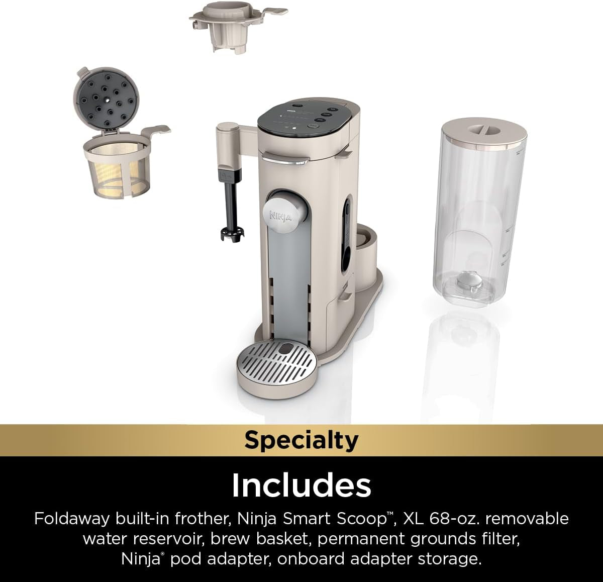 Pod & Grounds Specialty XL Single-Serve Coffee Maker, K-Cup Pod Compatible, Brews Grounds, Compact Design, Built-In Milk Frother, 68-Oz. Reservoir, 6-Oz. Cup to 24-Oz. Mug Sizes, Stone, PB055AST