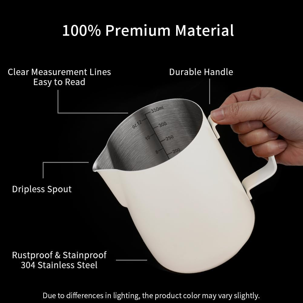 Stainless Steel Milk Frothing Pitcher 12Oz/350Ml - Espresso Steaming Pitcher for Cappuccino, Latte Art, Coffee Machine Accessories Milk Jug Coffee Frother Cup, Creamy White