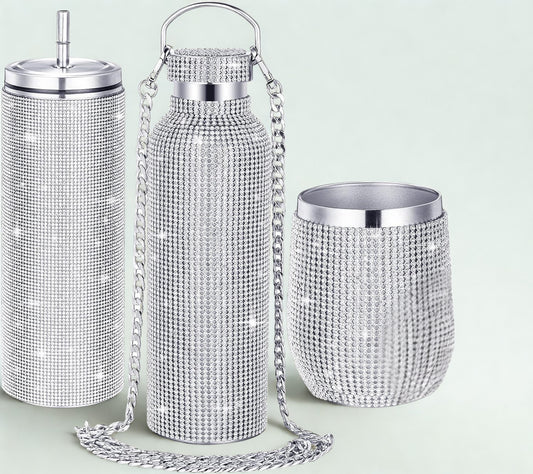 3-Pc Diamond Rhinestone Water Bottles – Stainless Steel
