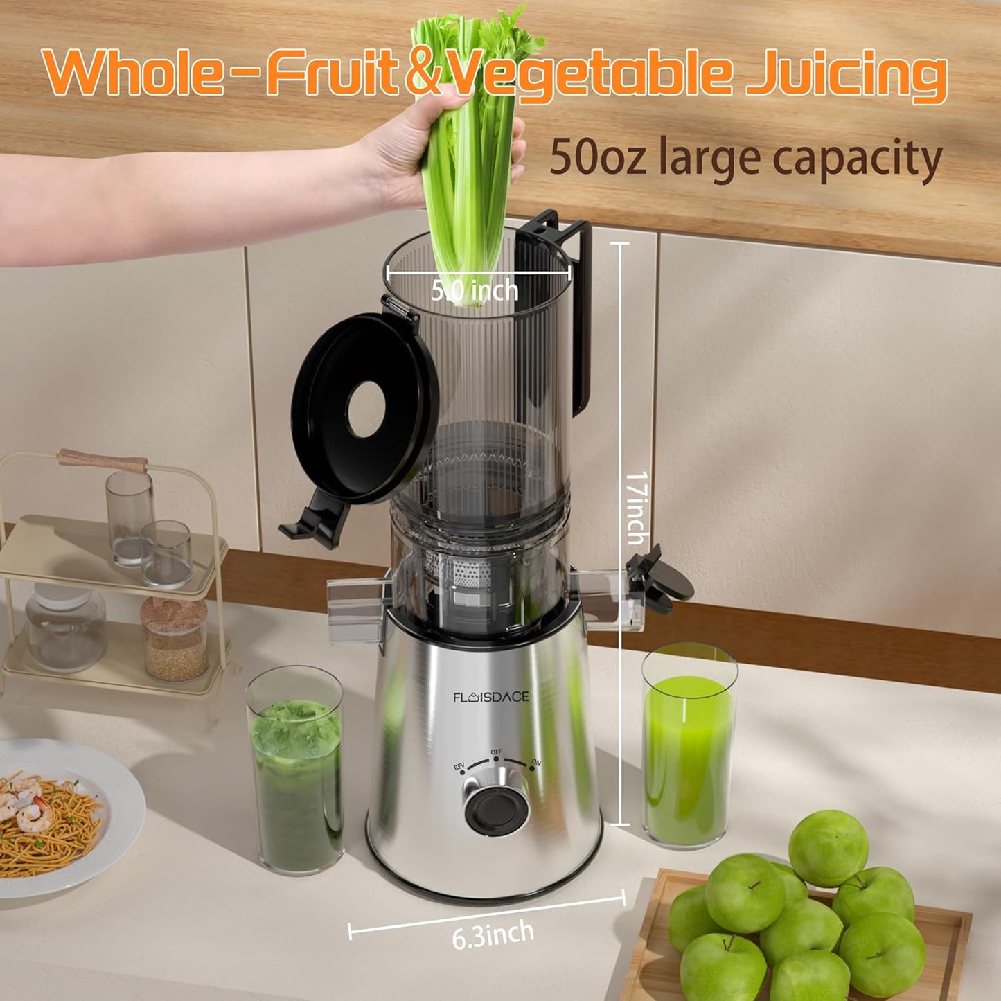 Cold Press Juicer, Masticating Juicer with Large Feed Chute Fit Whole Fruits & Vegetables,Stainless Steel Slow Masticating Juicer Easy to Clean, 99.6% Juice Purity, Metallic Silve