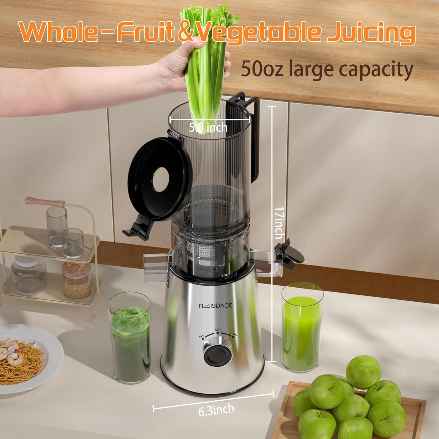 Cold Press Juicer, Masticating Juicer with Large Feed Chute Fit Whole Fruits & Vegetables,Stainless Steel Slow Masticating Juicer Easy to Clean, 99.6% Juice Purity, Metallic Silve