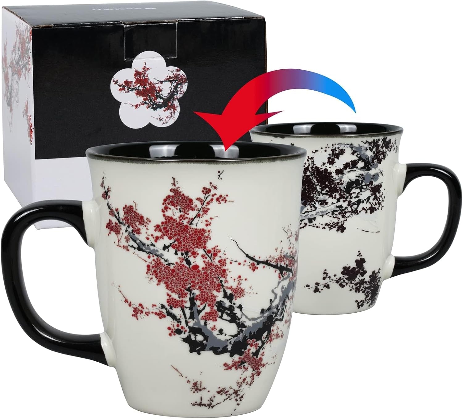 Color Changing Heat Sensitive Magic Funny Art Mug Large Coffee Tea Plum Blossom Porcelain Mugs for Women Mom Grandma Gifts 16Oz Black Change Glow Red Cups