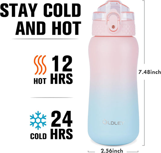 Insulated Water Bottle 12Oz Kids Water Bottles with Straw, Stainless Steel Water Bottle with 2 Lids, Double Wall Vacuum Bottle, Leak-Proof Sports Bottles for School Travel, Light Pink-Blue