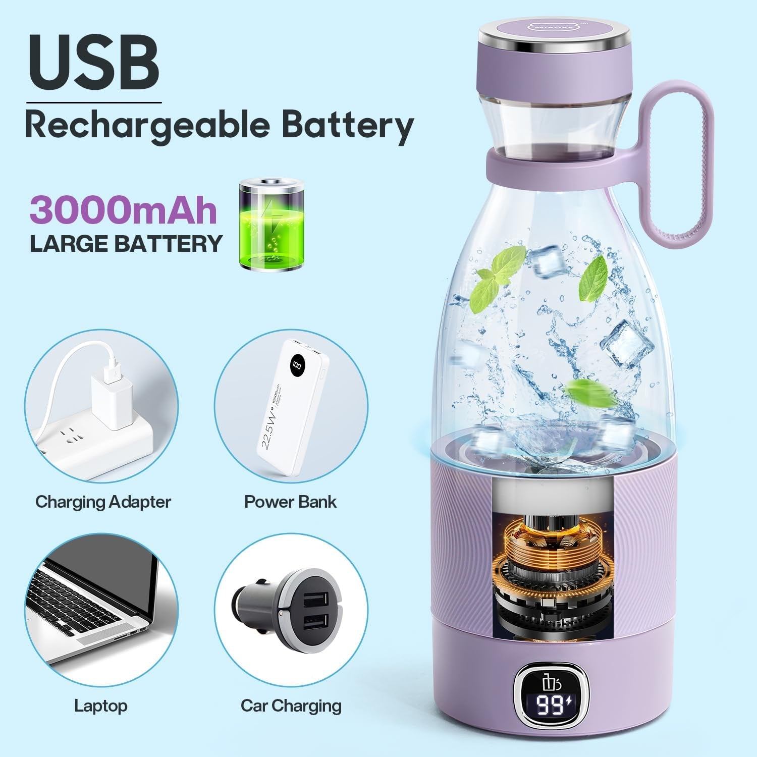 Portable Blender,  6 Blades Juicer Cup for Juice Shakes and Smoothies 350Ml Mini Blender with Led Display Usb Rechargeable,3000Mah Rechargeable Battery, for Home Sports Outdoors Travel-Purple