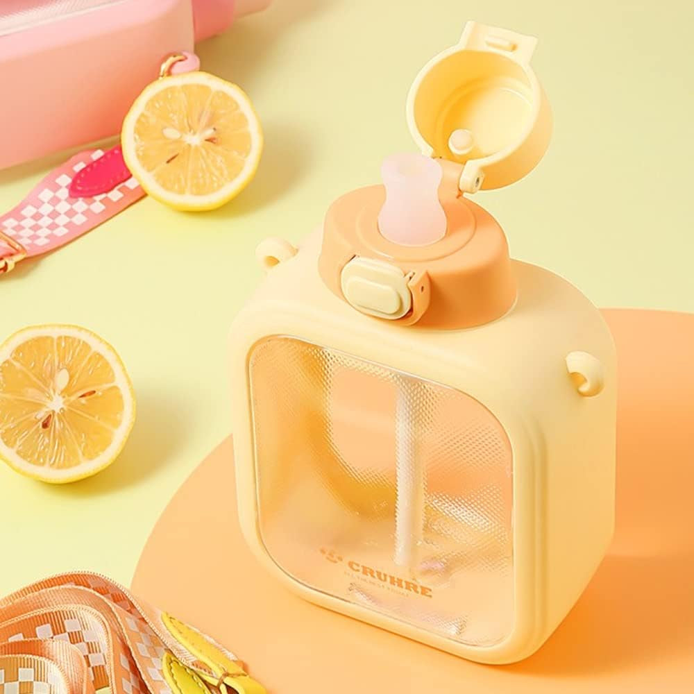 24 Oz Square Transparent Water Bottle, Cute Portable Travel Canteen with Adjustable Strap 700Ml (Orange)