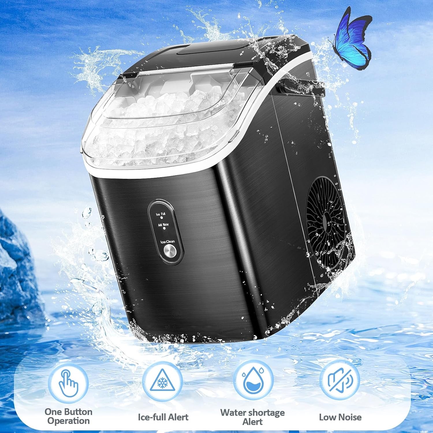 Nugget Countertop Ice Maker with Soft Chewable Pellet Ice, Pebble Portable Ice Machine, 34Lbs per Day, Self-Cleaning, Sonic Ice, One-Click Operation, for Kitchen,Office Stainless Steel Black