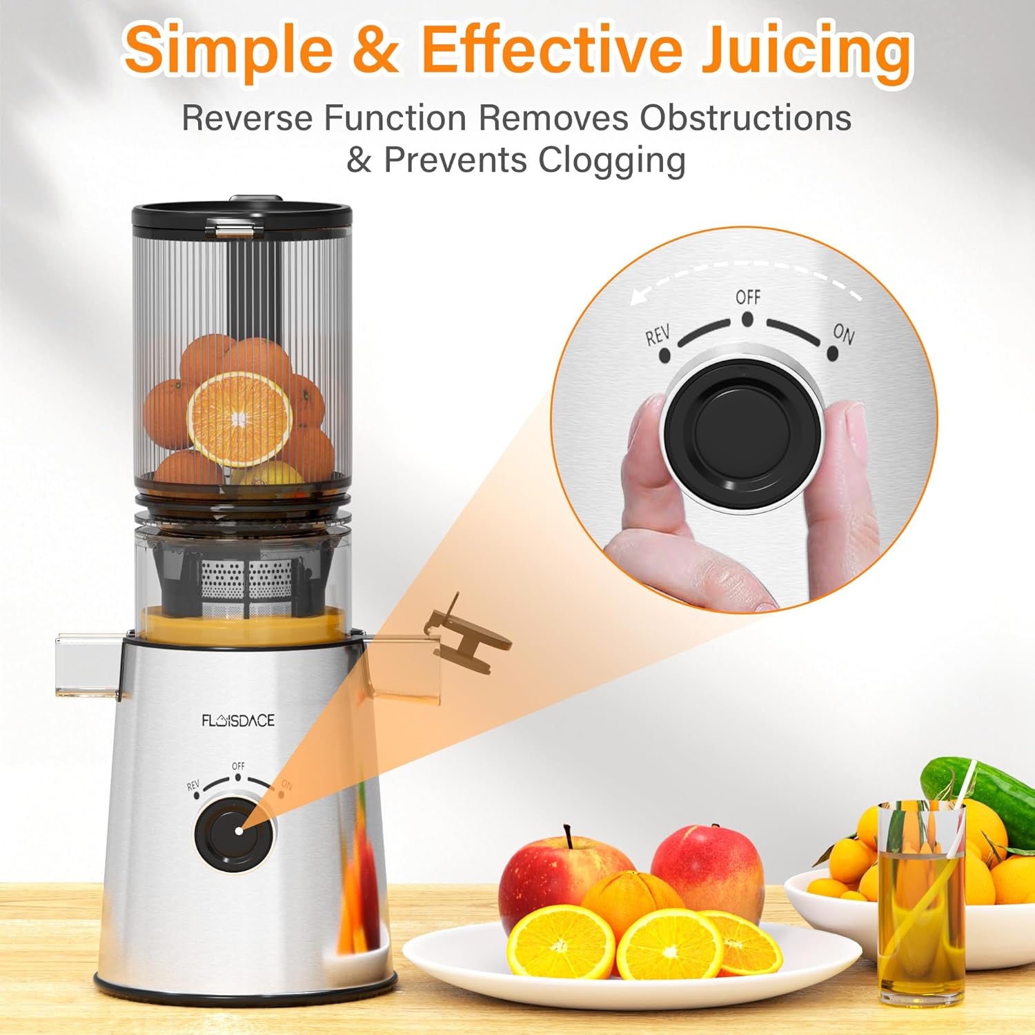 Cold Press Juicer, Masticating Juicer with Large Feed Chute Fit Whole Fruits & Vegetables,Stainless Steel Slow Masticating Juicer Easy to Clean, 99.6% Juice Purity, Metallic Silve