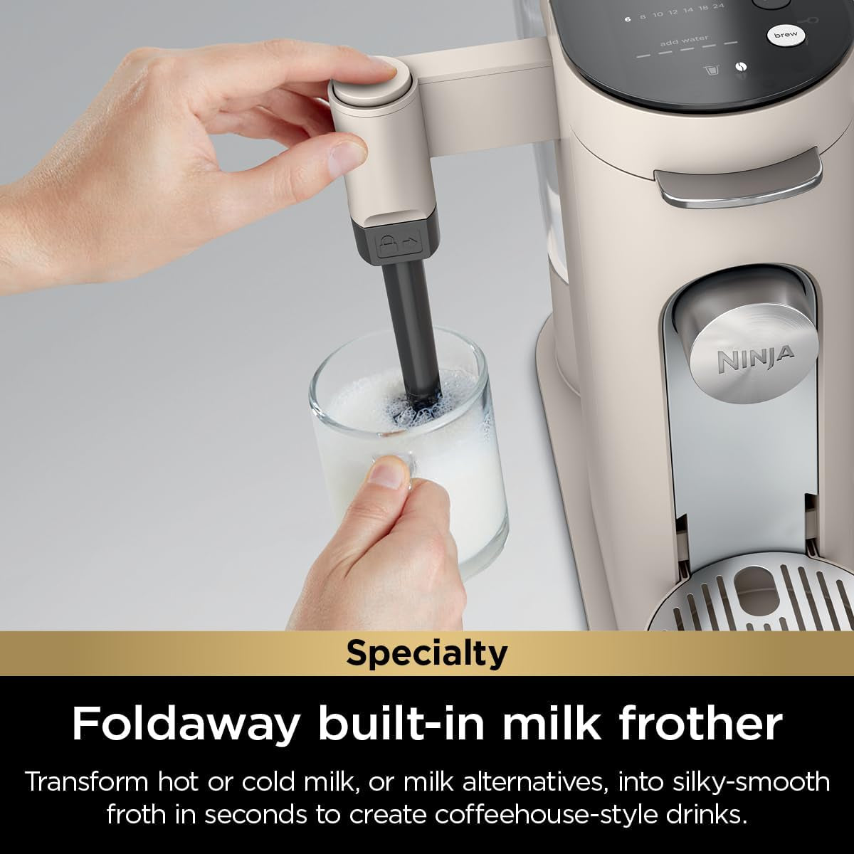 Pod & Grounds Specialty XL Single-Serve Coffee Maker, K-Cup Pod Compatible, Brews Grounds, Compact Design, Built-In Milk Frother, 68-Oz. Reservoir, 6-Oz. Cup to 24-Oz. Mug Sizes, Stone, PB055AST