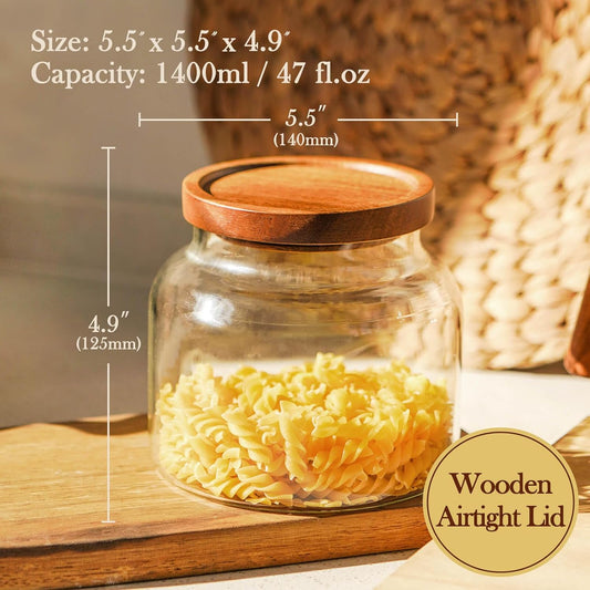 Glass Storage Container Airtight Food Jars Kitchen Canister with Wood Lids, 47 Oz Wide Mouth Pantry Organization Glass Jar for Flour, Sugar, Cookie, Spagetti, Nuts and Candy (2 Pack)