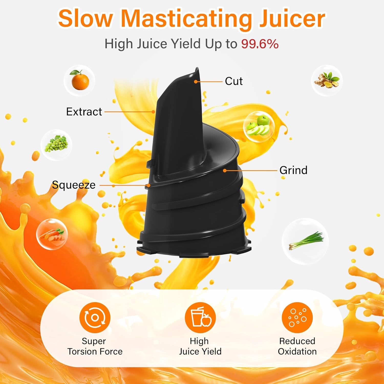 Cold Press Juicer, Masticating Juicer with Large Feed Chute Fit Whole Fruits & Vegetables,Stainless Steel Slow Masticating Juicer Easy to Clean, 99.6% Juice Purity, Metallic Silve
