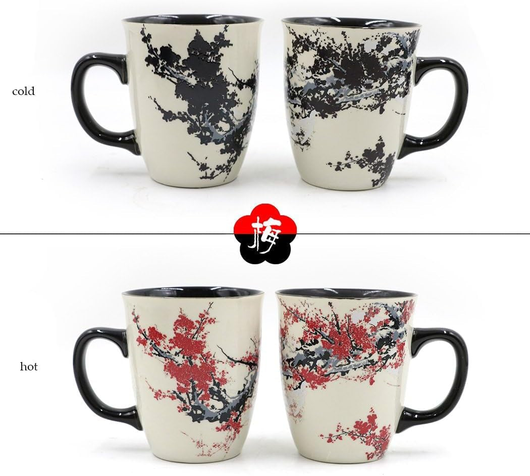 Color Changing Heat Sensitive Magic Funny Art Mug Large Coffee Tea Plum Blossom Porcelain Mugs for Women Mom Grandma Gifts 16Oz Black Change Glow Red Cups