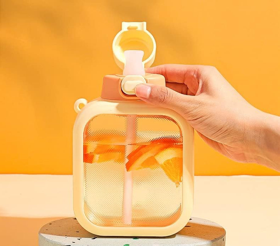 24 Oz Square Transparent Water Bottle, Cute Portable Travel Canteen with Adjustable Strap 700Ml (Orange)