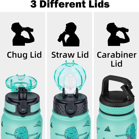 Insulated Water Bottle 20Oz Water Bottles with Straw, Stainless Steel Water Bottle with 3 Lids, Double Wall Vacuum Bottles for Adult Kids, Sports Bottles for School Travel, Cute Dinosaur