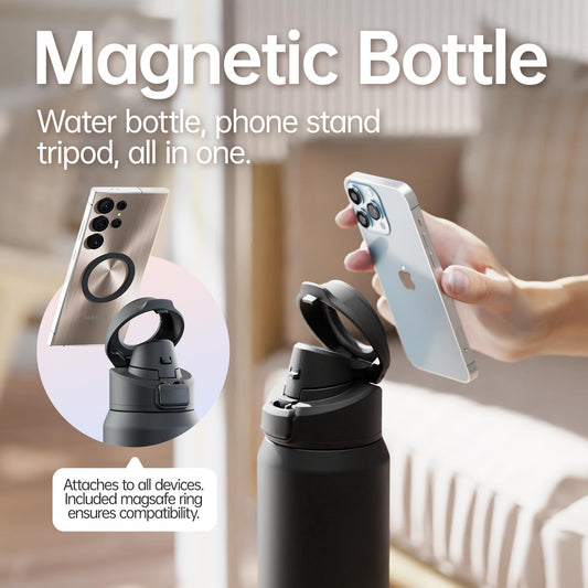 Insulated Magnetic Water Bottle - Reusable Stainless Steel Bottle with Magsafe Compatible Phone Holder - Keeps Cold for 24 Hours - Perfect for Gym, Sports, and Travel - Black 24Oz