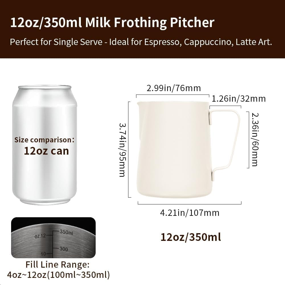 Stainless Steel Milk Frothing Pitcher 12Oz/350Ml - Espresso Steaming Pitcher for Cappuccino, Latte Art, Coffee Machine Accessories Milk Jug Coffee Frother Cup, Creamy White