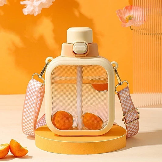 24 Oz Square Transparent Water Bottle, Cute Portable Travel Canteen with Adjustable Strap 700Ml (Orange)