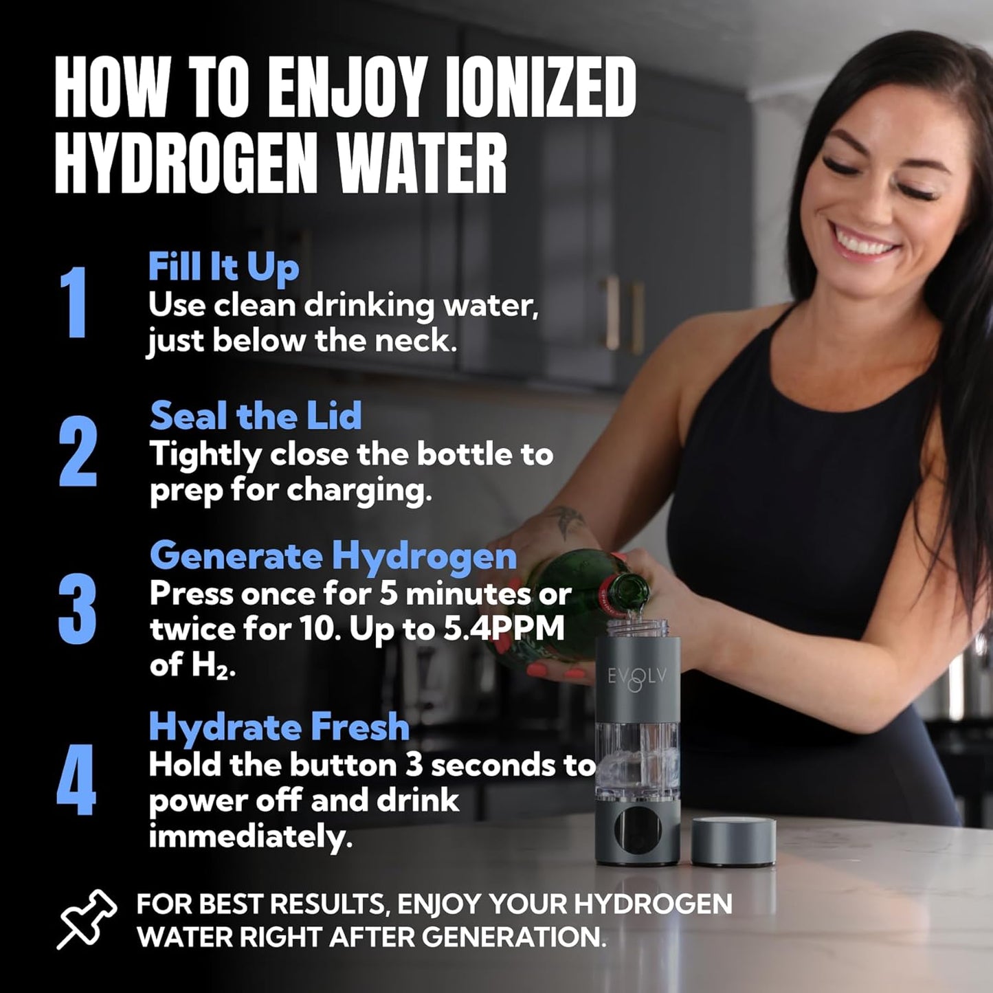Hydrogen Water Bottle Generator – SPE & PEM Water Ionizer 5.4PPM, Highest H2 Concentration – Portable 8Oz Hydrogenated Water Bottle – Leak-Proof Hydrogen Water Machine, Easy to Use – Carbon