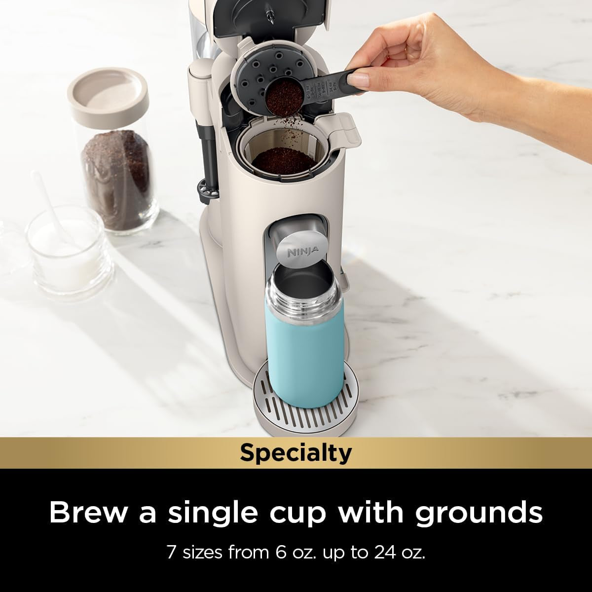 Pod & Grounds Specialty XL Single-Serve Coffee Maker, K-Cup Pod Compatible, Brews Grounds, Compact Design, Built-In Milk Frother, 68-Oz. Reservoir, 6-Oz. Cup to 24-Oz. Mug Sizes, Stone, PB055AST
