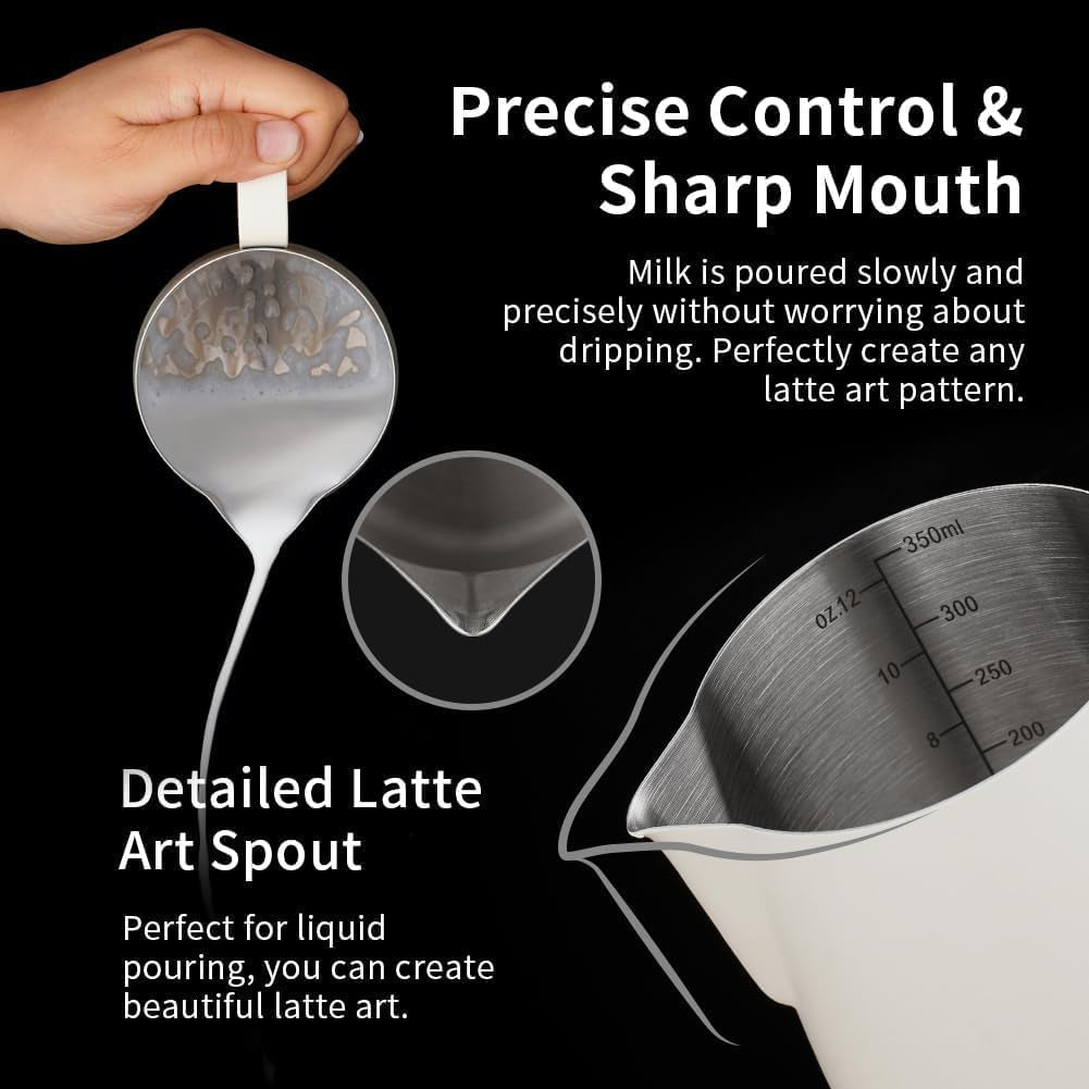 Stainless Steel Milk Frothing Pitcher 12Oz/350Ml - Espresso Steaming Pitcher for Cappuccino, Latte Art, Coffee Machine Accessories Milk Jug Coffee Frother Cup, Creamy White