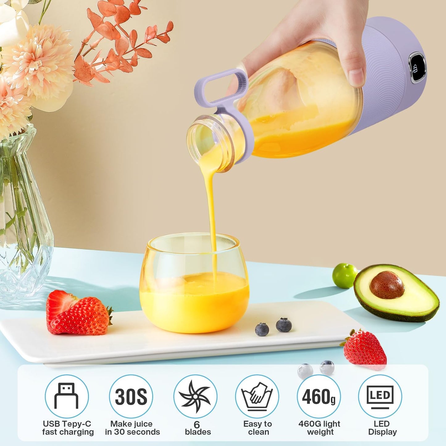 Portable Blender,  6 Blades Juicer Cup for Juice Shakes and Smoothies 350Ml Mini Blender with Led Display Usb Rechargeable,3000Mah Rechargeable Battery, for Home Sports Outdoors Travel-Purple