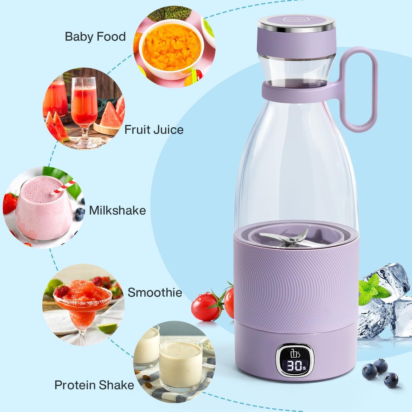 Portable Blender,  6 Blades Juicer Cup for Juice Shakes and Smoothies 350Ml Mini Blender with Led Display Usb Rechargeable,3000Mah Rechargeable Battery, for Home Sports Outdoors Travel-Purple