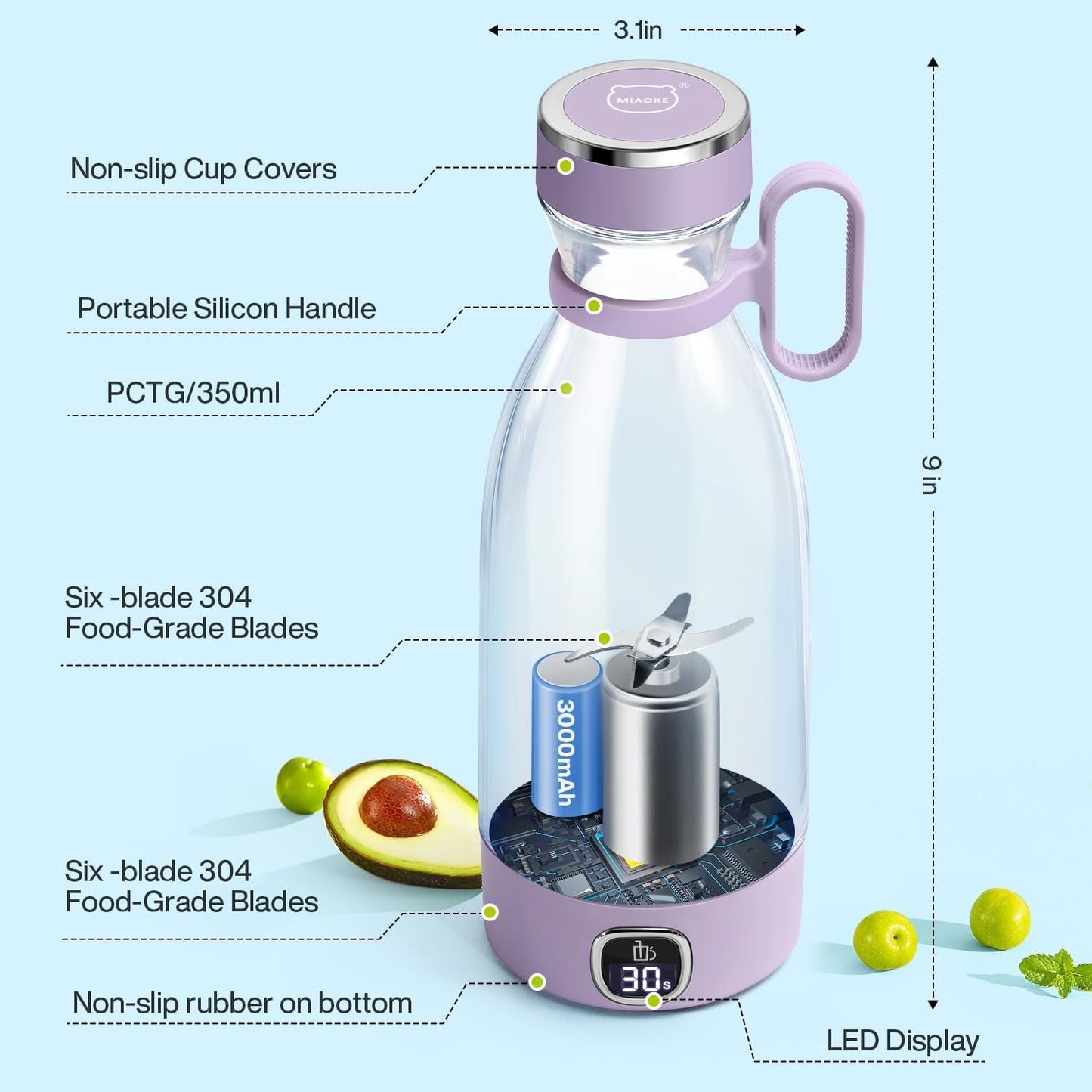 Portable Blender,  6 Blades Juicer Cup for Juice Shakes and Smoothies 350Ml Mini Blender with Led Display Usb Rechargeable,3000Mah Rechargeable Battery, for Home Sports Outdoors Travel-Purple