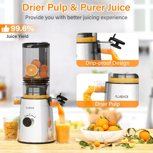 Cold Press Juicer, Masticating Juicer with Large Feed Chute Fit Whole Fruits & Vegetables,Stainless Steel Slow Masticating Juicer Easy to Clean, 99.6% Juice Purity, Metallic Silve