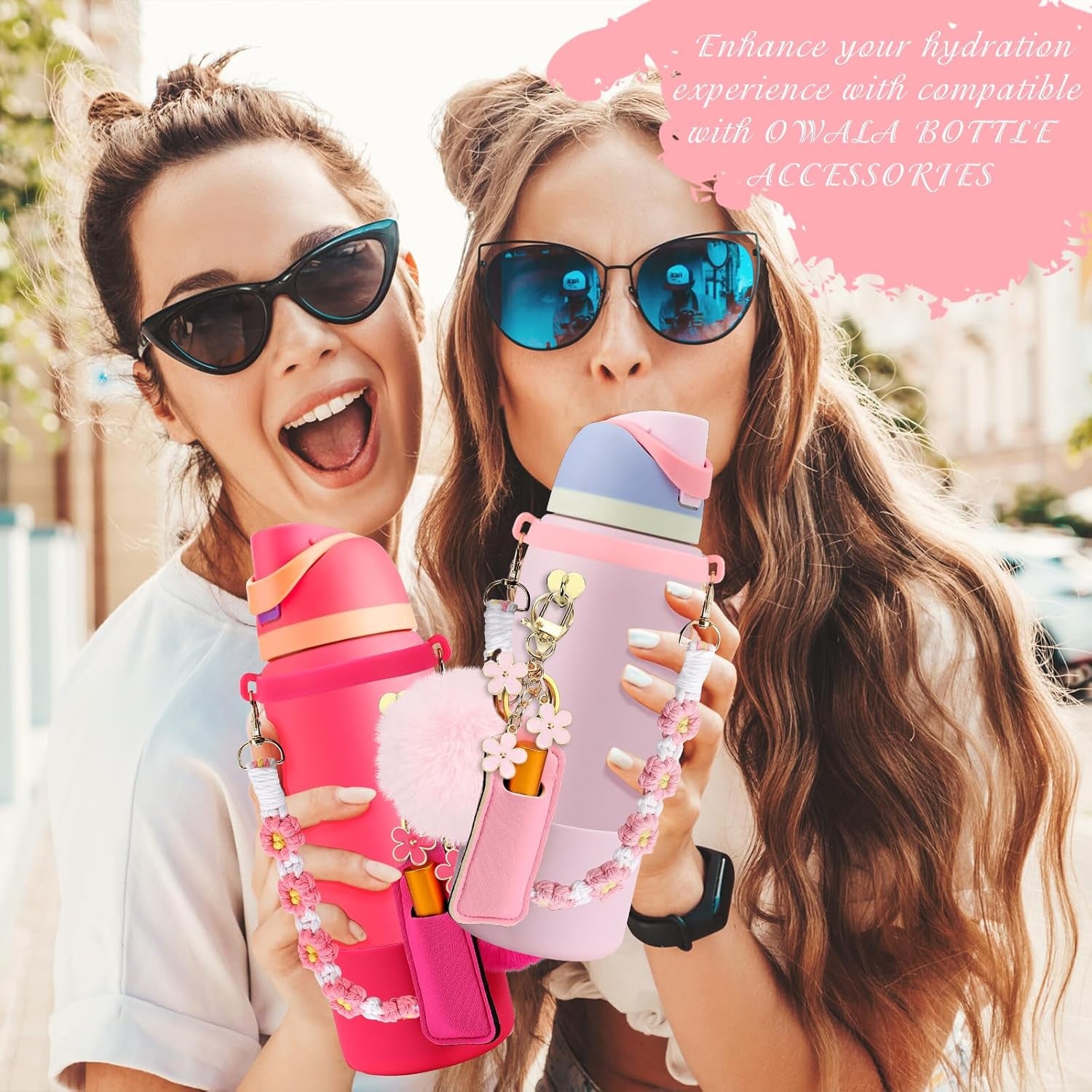 Compatible for Owala Accessories Bundle: Silicone Boot for 24Oz & 32Oz Bottles, Charms, Handle, Strap, Rubber Bottoms, and Decorative Add-Ons for Your Compatible for Owala Water Bottle, Pink