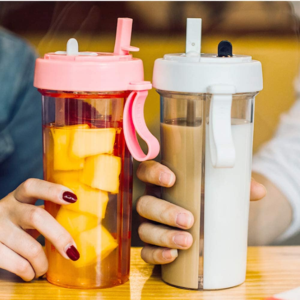 Creative Water Cup,One Cup of Two Different Drinks Two Straws Couple Outdoor 600Ml Drinking Cup for Camping Hiking Backpacking Travel Office