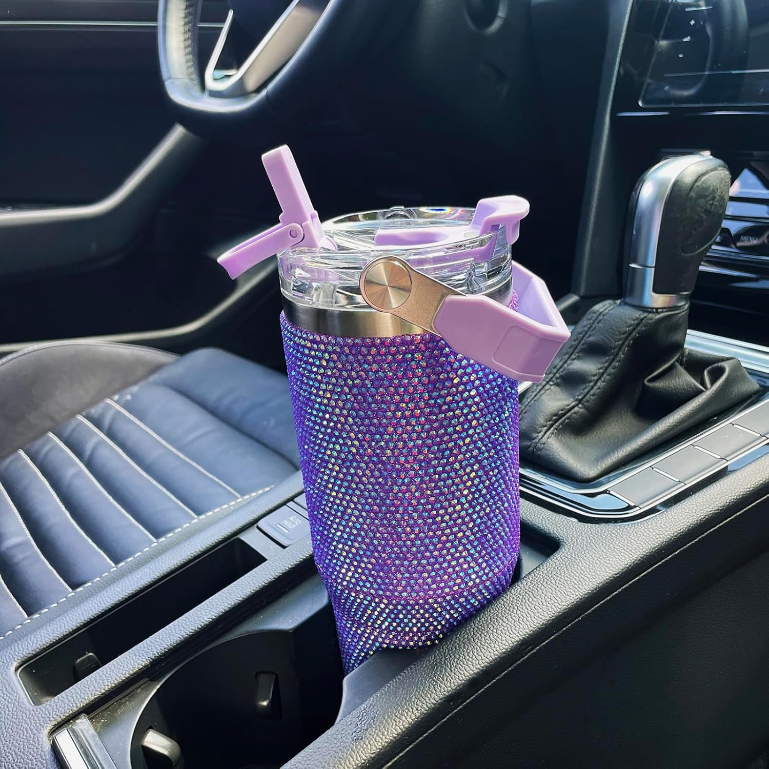 30Oz Bling Rhinestone Studded Tumbler with Top Handle and Leakproof Lid Vacuum Insulated Stainless Steel Glitter Crystal Water Bottle with Flip Straw Reusable Cup Outdoors Travel Mugs (Violet)